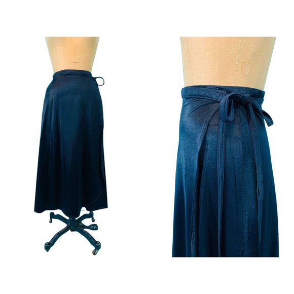 Vintage 70s Wrap Skirt Womens XXS Black Shiny Spandex Spalding - Picture 3 of 10